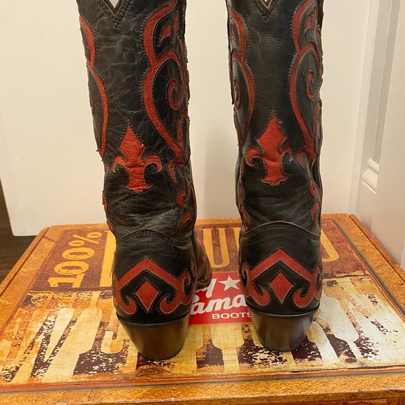 Tony Lama boot. Chocolate Goldrush Leather Foot & 12 inch Top with Rose Inlay - Picture 3 of 4